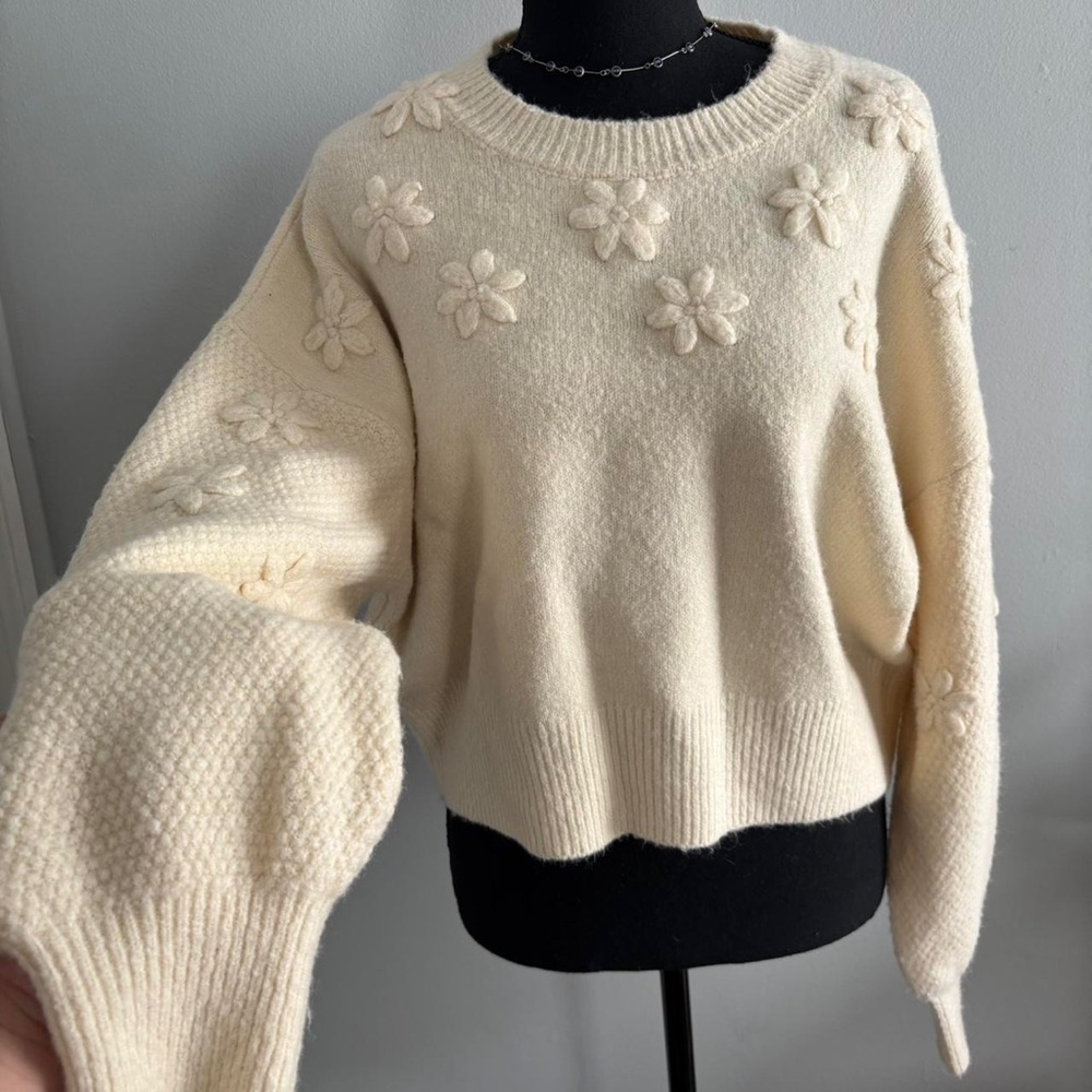 Cream Floral Knit Sweater